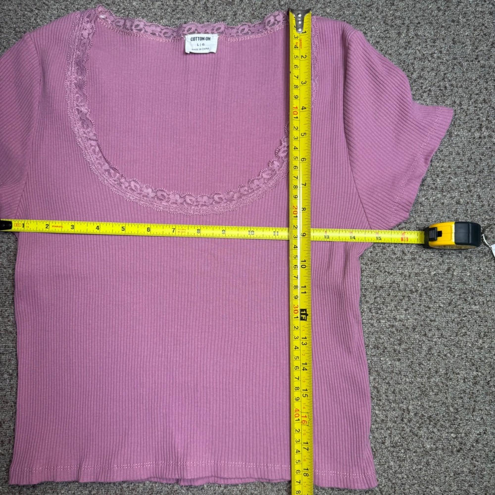 Cotton On Pink Ribbed Lace Trim Scoop Neck Baby Tee Short Sleeve Top Large - Picture 8 of 8